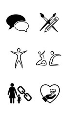 Variety of black and white icons for communication art movement wellness connection and family relationships isolated vector graphics