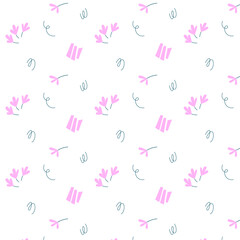 Seamless abstract floral pattern with pink flowers and hand drawn decorative elements on white background. Perfect for wrapping paper, textile, stationery, wallpaper, branding, packaging