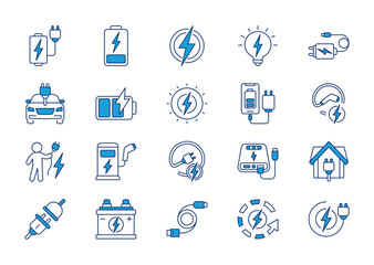 Charging thin blue icon set. Containing battery, energy, electricity, charger, recharge, electric car, charged, power