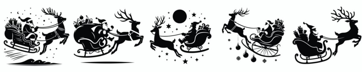vector silhouette of santa claus with reindeer sleigh distributing christmas gifts