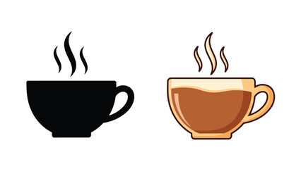 Two coffee cups one black silhouette and one colored with rising steam