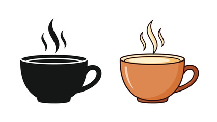 Two steaming cups a black silhouette and a golden brown illustration