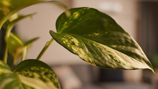 Close-up of a vibrant green and yellow variegated pothos leaf, showcasing its intricate patterns and natural beauty.