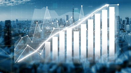 This abstract image showcases a financial growth concept with a bar graph, trend lines, and a...