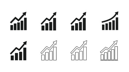 Collection of various bar graph and line graph icons in black and white