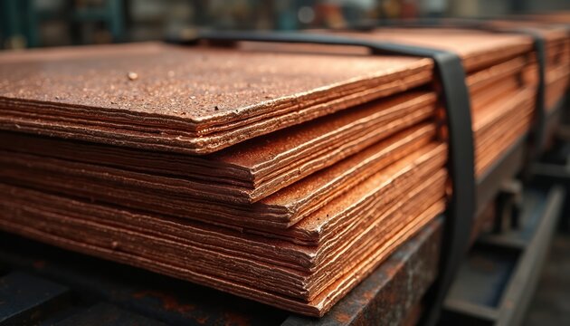 Copper sheets stacked and ready for export. Industrial copper plates manufactured in a plant. Copper metal sheets for sale and trade. Stacked copper materials in a warehouse for distribution.