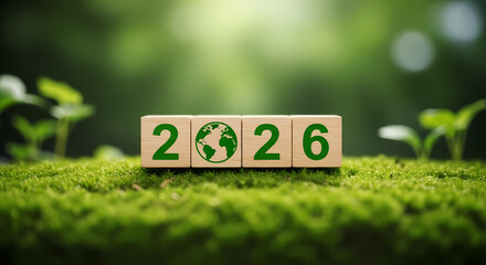 Eco friendly 2026 earth concept with blocks on green moss