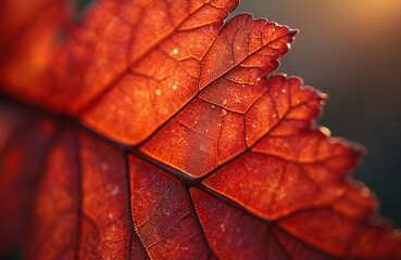 Closeup of red dry leaf veins against blurred backdrop. Natural texture highlights leaf detail and intricate pattern. Autumn season nature concept emphasizes fall. Sun light shines through leaf.