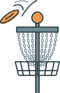 Disc golf vector illustration featuring a flying disc aiming for the chain basket. Ideal for sports, outdoor recreation, and game design, capturing the thrill of a successful throw. High-quality.