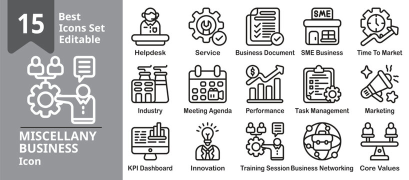 Miscellany Business icon set. Contains analytics, customer service, planning, communication, and office. Editable outline vector illustration.