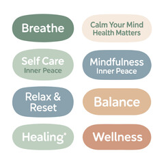 Wellness and Mindfulness Typography Elements Set, Flat Vector Mental Health and Self Care Text Labels on White Background