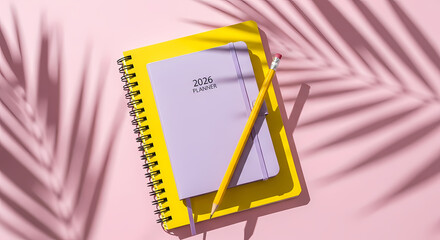 Yellow spiral notebook and pen on pink background with palm shadows