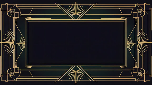 Vintage 1920s style golden art deco border with sunburst corners on dark background for premium invitation