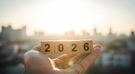 Hand holding wooden blocks with 2026 on a sunny city background