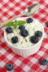There is a white bowl of cottage cheese on a checkered tablecloth.