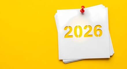Golden 2026 text on torn white paper note with red push pin on yellow background