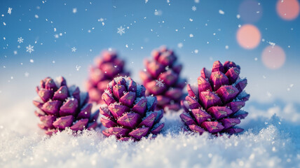 Pine cones covered in snow with soft blue background and bokeh  
