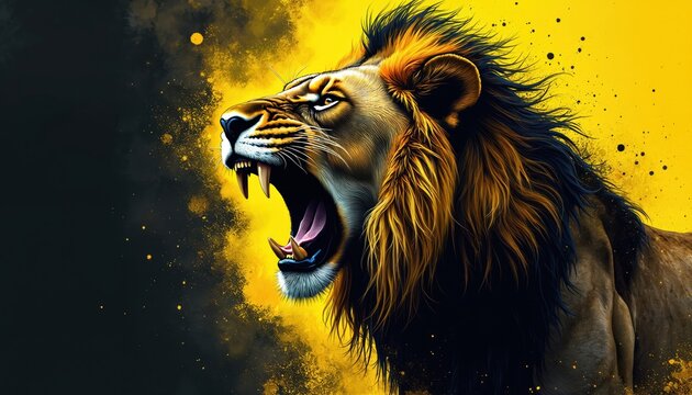 Abstract illustration of roaring lion head profile. Wild cat opens mouth showing teeth and tongue against black and yellow splash background. Strength power danger symbol.
