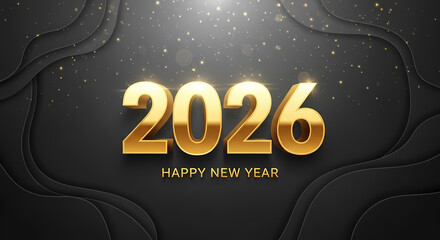 Golden 2026 happy new year greeting card with sparkles on dark background