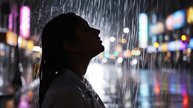 Silhouette of a woman with long hair looking up at the falling rain at night with blurred city lights in the background and a bright light source behind her head