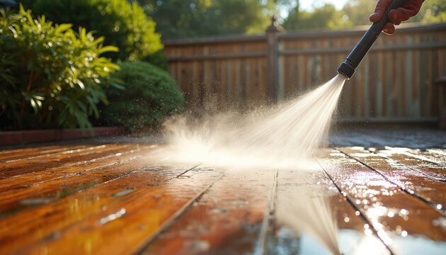 Person cleans wooden deck with pressure washer. Water sprays powerfully, removing grime. Outdoor home maintenance refreshes exterior wood surface. Bright sun shines on wet planks.