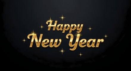 Golden happy new year text with sparkles on dark background