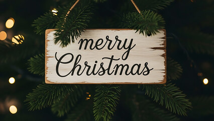 Rustic Wooden Cursive Signage on Dark Bokeh Pine Branch from Above