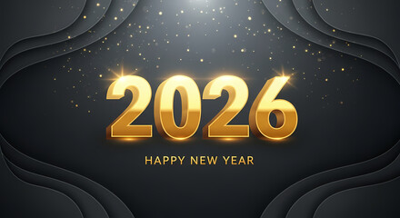 Happy new year 2026 gold text on dark background with sparkles