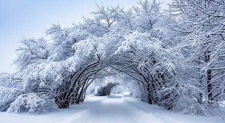 Serene pathway through a snow covered arboreal tunnel creating a tranquil winter wonderland landscape with atmospheric tones