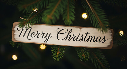 Rustic Wooden Cursive Signage on Dark Bokeh Pine Branch from Above