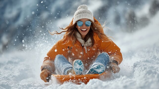 Young woman sledding downhill on a snow day. Smiling woman sitting on the sled, before crashing and fall. White snow scatters to the sides.