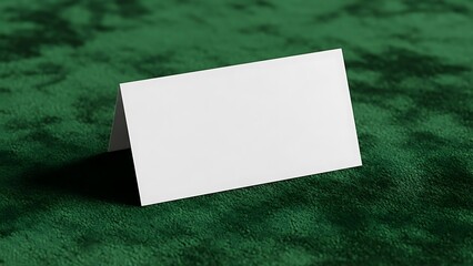 Empty white folded place card mockup on a lush green velvet background, ideal for custom event branding, name settings, or table display designs