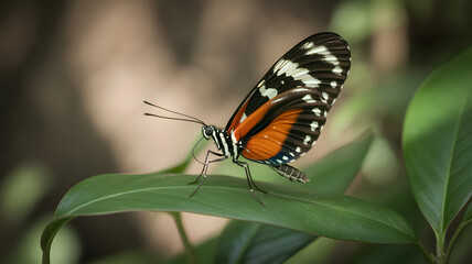 Obraz premium Close up macro photograph of a Heliconius hecale butterfly also known as Red Postman resting on a bright green leaf in natural habitat
