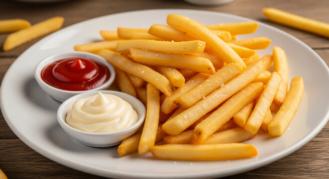 Delicious French fries with ketchup and mayonnaise on plate