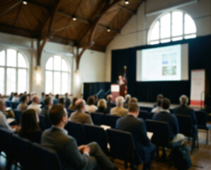 Fototapeta premium Speaker presents to an audience at a conference in a lecture hall
