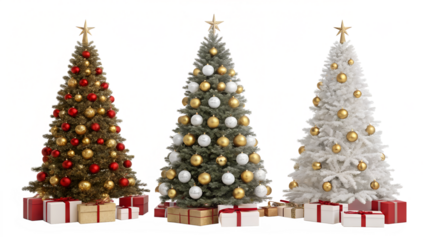 Three decorated trees stand tall with presents at their bases isolated on transparent background