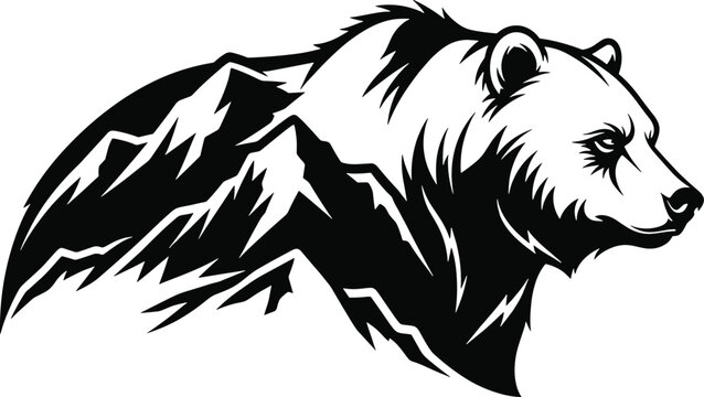 Black bear head silhouette merged with jagged mountain peaks black bear, bear head, silhouette, mountain peaks, jagged mountains, wildlife, nature, animal, mountains, peak, monochrome, black and white
