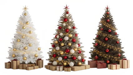 Three decorated christmas trees stand with gifts below isolated on transparent background