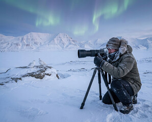 Photographer captures aurora borealis over snowy arctic landscape with birds