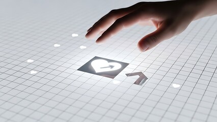 Close-up of a digital hand hovering over a glowing heart and arrow icon on a gridded interactive surface, symbolizing selection and engagement within a modern, high-tech interface.