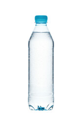 Naklejka premium a close-up studio shot of a tall, slender transparent pet plastic bottle, meticulously filled with sparkling pure water, isolated on a crisp white background. concept for premium beverage advertising