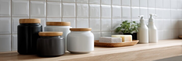 Minimalist bathroom decor with ceramic jars and wooden accents on wooden shelf