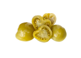 Pickled green tomatoes isolated on a white background. Homemade pickles.