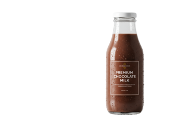 ultra-detailed, chilled glass bottle of rich dark chocolate milk, sharp condensation and white cap on a reflective high-key studio background. Concept of premium dairy nutrition