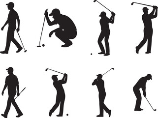 Set of Black Silhouette Golfer Poses Showing Multiple Golf Actions Including Swing, Putting, Follow Through and Standing Positions in Minimal Flat Vector Style Isolated on White Background