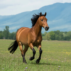 Obraz premium Majestic Brown Horse Galloping in Meadow Dynamic Equine Movement against Mountain Backdrop