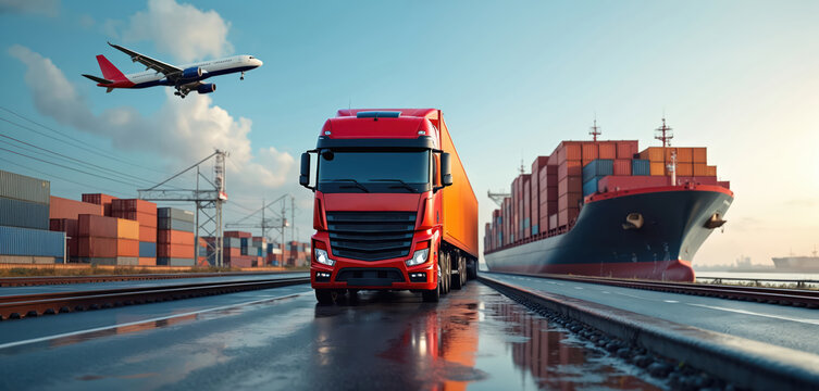 Red truck moves near cargo ship and airplane flying overhead. Stacked shipping containers visible at port. Global freight transport concept. Supply chain logistics.