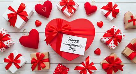 Valentines day gifts and decorations on white wooden table with hearts