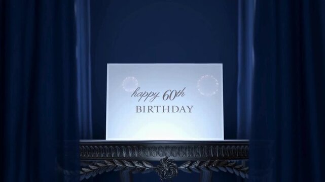 happy 60th birthday elegant animation, virtual greeting card with text on a postcard standing on a navy blue dais