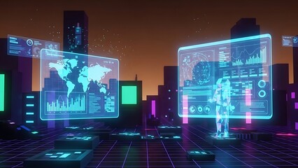 Futuristic city skyline with glowing holographic displays showing data and a digital human silhouette